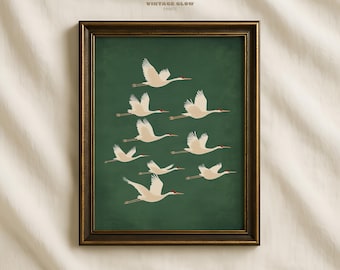 Flying Cranes Japandi Wall Art | Green and White Bird Print | Vintage Japanese Style Artwork | Elegant Printable Gallery Decor | #V196