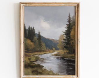 Stimmungsvoller Herbst Fluss Landschaftsdruck | Vintage Bauernhaus Cottagecore Wandkunst | Digitaler Download