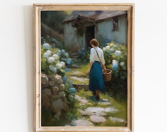 Woman Garden Path Painting Print, Blue Hydrangea Cottage Art, Impressionist Wall Art