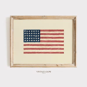Vintage Distressed American Flag Print | Rustic Patriotic Wall Art | Cream Farmhouse Decor