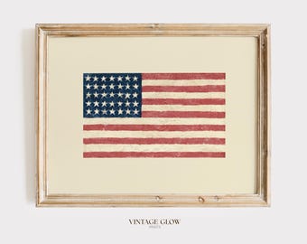 Vintage Distressed American Flag Print | Rustic Patriotic Wall Art | Cream Farmhouse Decor