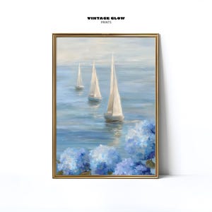 3 Sailboats Coastal Print | Blue Hydrangeas Wall Art | Grandmillennial Beach Decor | Nautical Kitchen Printable | Digital Download | #V254