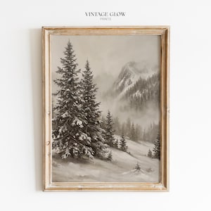 Stampa di un paesaggio con pini innevati / Decorazione murale natalizia invernale vintage neutra con foresta / Download digitale / #V779