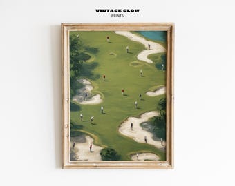 Tiny Golfers Art Print | Minimalist Golf Wall Decor | Abstract Sports Painting | Vintage Green Printable Gift | Digital Download | #V240