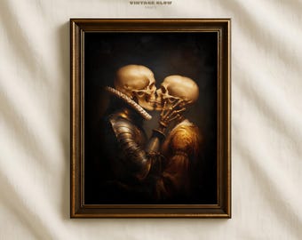 Lámina artística vintage de amantes besándose con esqueletos / Arte mural gótico de Halloween / Decoración romántica de Dark Academia / San Valentín espeluznante / Descarga digital