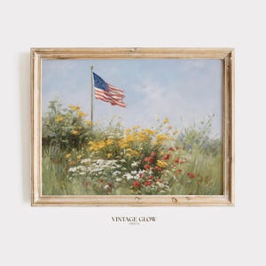 American Flag Flagpole Wildflower Printable Wall Art | Sunflower Daisy Patriotic 4th July Meadow Print