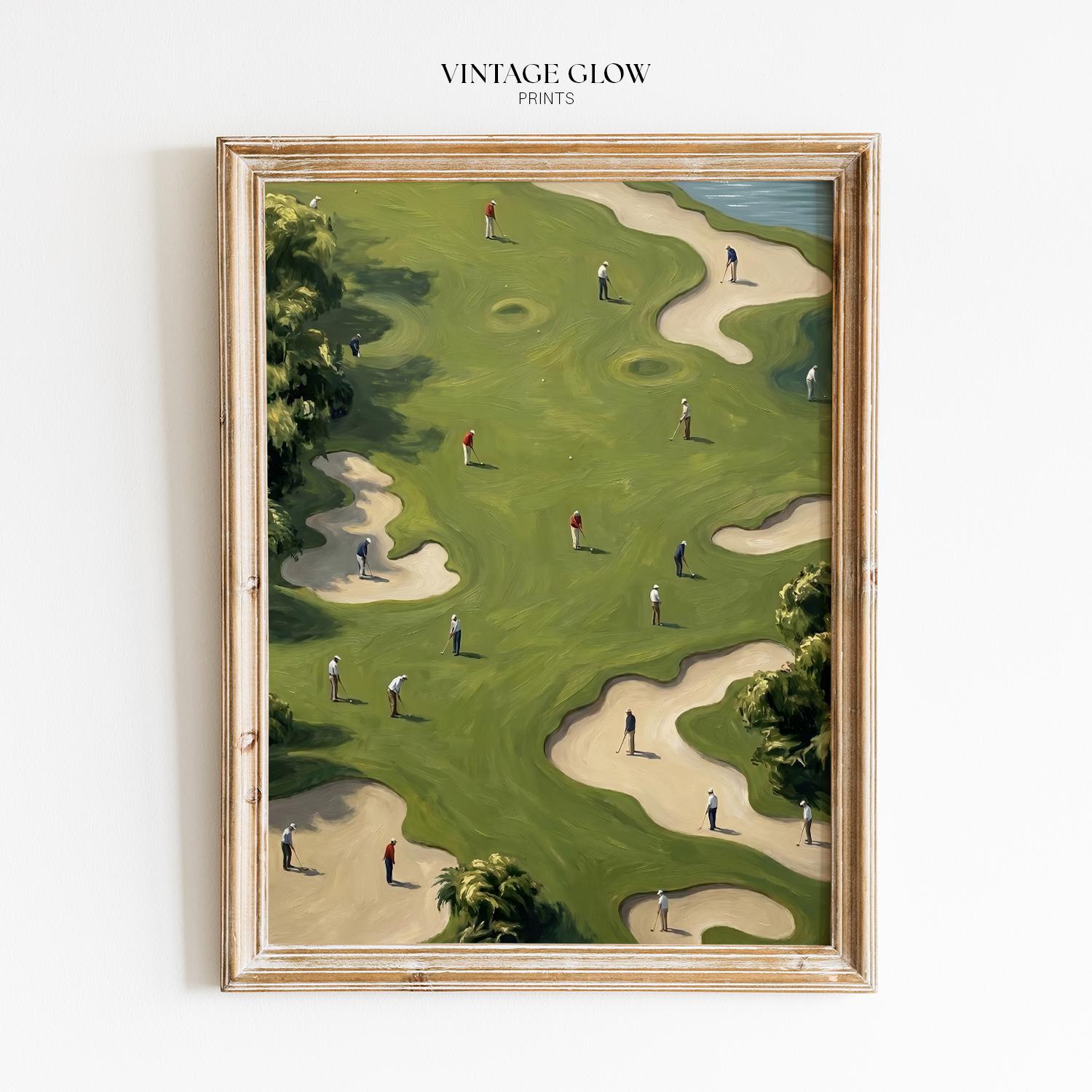 手作り　アンティークボード 　ゴルフ Tiny Golfers Art Print | Minimalist Vintage Green Abstract Golf
