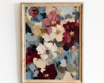 Moody Abstract Flower Garden Print | Burgundy Blue Statement Floral Wall Art | Digital Download