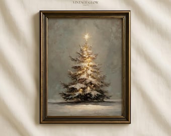 May include: A framed wall art print titled VINTAGE GLOW PRINTS featuring an oil painting of a snow-covered Christmas tree with glowing warm lights and a bright star topper, set against a muted gray background within a dark bronze-toned frame.