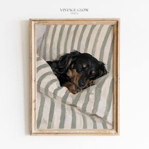 Sleeping Dachshund Print, Cozy Dog In Bed Wall Art, Sage Bedroom Decor, Digital Download