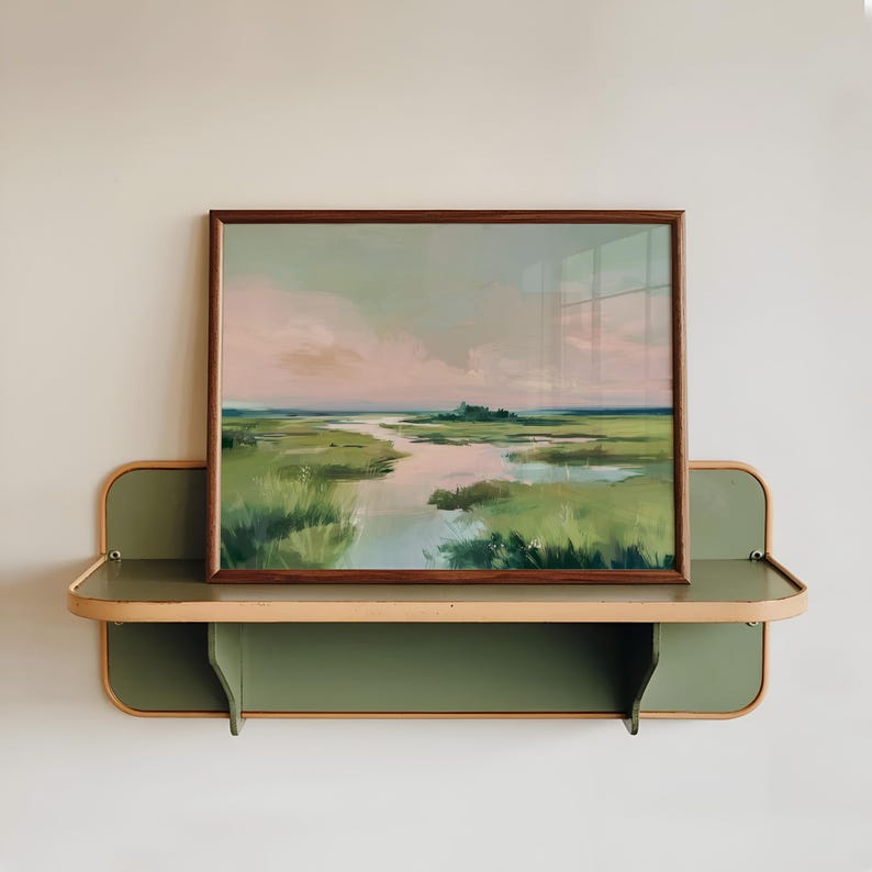 Pastellfärgat träsksolnedgångstryck | Landskapsdekor i kustnära Carolina | Rosa strandhuskonst | Digital nedladdning bild 7
