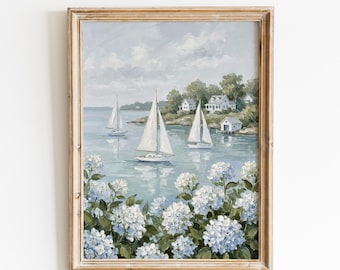 Sailboat & Hydrangea Coastal Art Print | Grandmillennial Decor (Digital Download)