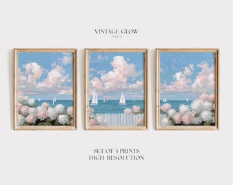 Set of 3 Sailboat & Hydrangea Prints | Coastal Floral Triptych Wall Art | Cottagecore Nautical Decor | Beach House Art | Digital Download