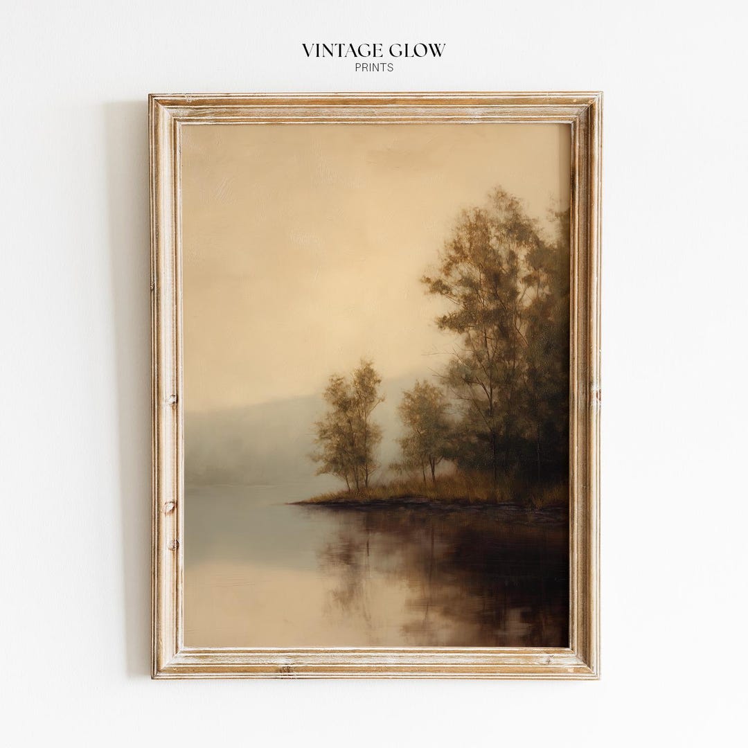 Vintage Fall Lake Painting | Moody Autumn Landscape Wall Art | Rustic ...