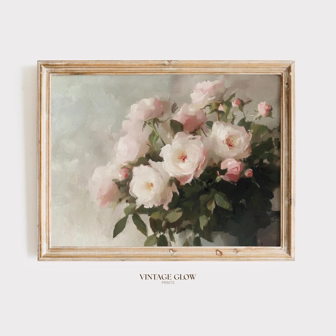 Pink Roses Still Life Art Print | Vintage Cottagecore Floral (digital ...