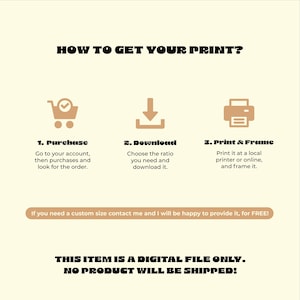 May include: A beige graphic with instructions on how to get a print. The steps include purchasing, downloading, and printing. Text on the graphic states the item is a digital file only and no product will be shipped.