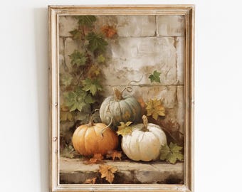 Heirloom Pumpkin Still Life Print, Autumn Stone Ledge Painting, Fall Wall Art, Digital Download