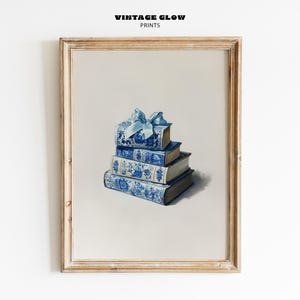 Blue Chinoiserie Floral Book Print | Minimalist Bookish Wall Art | Coquette Library Decor | Office Painting | Digital Download | #V277