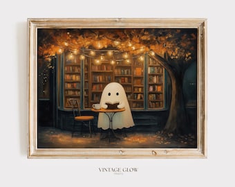 Vintage Ghost Reading in Bookshop Print | Cozy Cafe Autumn Wall Art | Dark Academia Library Decor | Digital Download