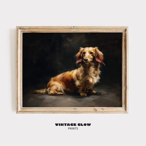 Vintage Dachshund Dog Art Print | Long-Haired Wiener Dog Portrait | Rustic Pet Wall Decor | Oil Painting Style | Digital Download | #V358