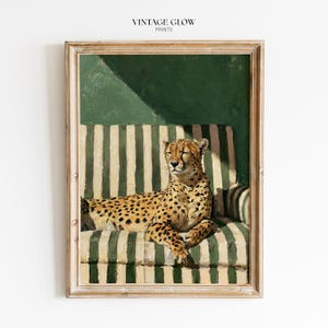 Cheetah on Sofa Art Print | Maximalist Animal Oil Painting | Emerald Green Wall Decor