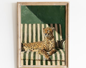 Cheetah on Sofa Art Print | Maximalist Animal Oil Painting | Emerald Green Wall Decor