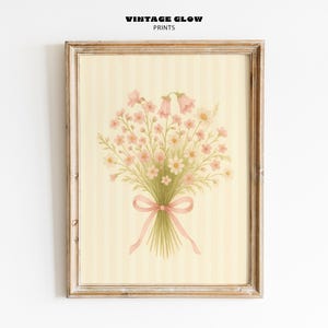 Pink Wildflower Bouquet Print | Cottagecore Floral Wall Art | Blue Striped Botanical Poster | Pastel Digital Download | #V347