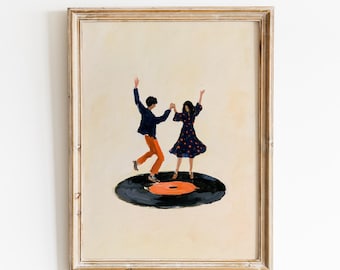 Impresión de tocadiscos de pareja bailando / Arte mural moderno inspirado en música retro / Descarga digital