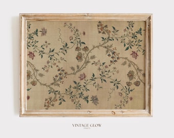 Impressão artística vintage em tapeçaria floral | Decoração com padrão têxtil de seda neutro | Download digital | #V150