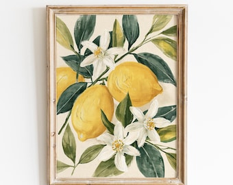 Lemon Botanical Print | Vintage Citrus Kitchen Wall Art Decor | Digital Download