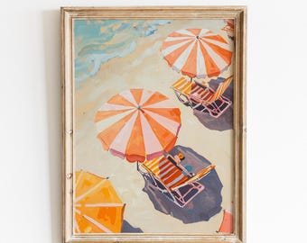 Kleurrijke luchtfoto strandparaplu | Pastelkleurige kust Italiaanse Rivièra zomer muurkunst | Digitale download