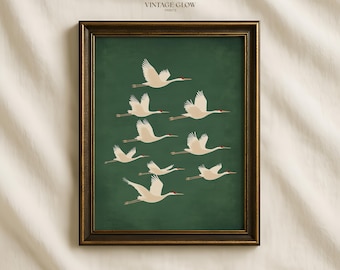 Kraniche Japandi Print | Elegante grün-weiße Vintage japanische Wandkunst | Digitaler Download