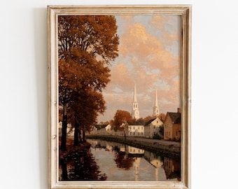 New England Autumn Print | Vintage Halloween Town Scene (Digital Download)