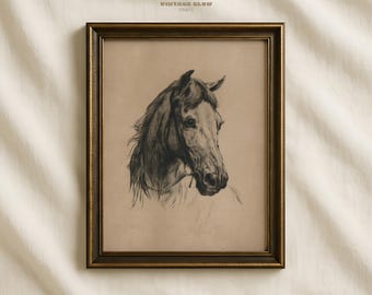 Antique Horse Drawing Print | Rustic Vintage Equestrian Farm Animal Sketch Wall Art | Digital Download