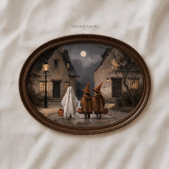 Halloween Trick or Treaters Autumn Print, Full Moon Village Wall Art, Digital Download