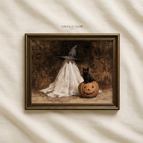 Vintage Ghost and Black Cat Halloween Print | Spooky Fall Forest (Digital Download)