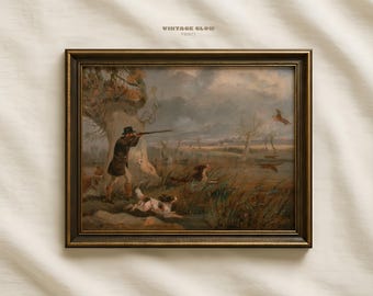 Vintage Hunting Dog Art Print | Printable Wildlife Hunter Scene | Setter Dog Wall Art | Rustic Cabin Decor | Digital Download | #V141