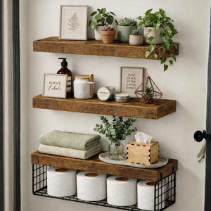 Floating Bathroom Shelves, Wooden Wall Shelves, Farmhouse Over Toilet Storage, Bathroom Cabinet Organizer, Rustic Book Shelve Decor Set of 3