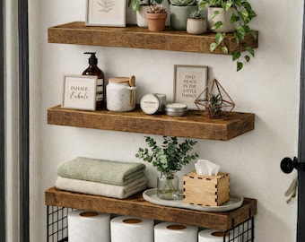 Floating Bathroom Shelves, Wooden Wall Shelves, Farmhouse Over Toilet Storage, Bathroom Cabinet Organizer, Rustic Book Shelve Decor Set of 3