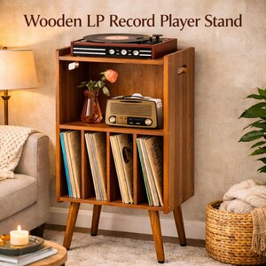 Handmade Wooden LP Record Radio Player Stand – 3-Tier Mid-Century Modern Turntable Cabinet Storage Holds 100 Albums Organizer Table