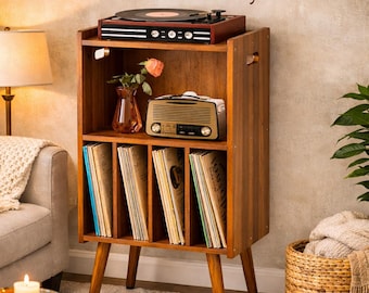 Handmade Wooden LP Record Radio Player Stand – 3-Tier Mid-Century Modern Turntable Cabinet Storage Holds 100 Albums Organizer Table
