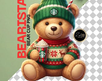 Bearista Teddy Bear PNG | Fluffy Christmas and Starbucks Inspired bear design | Transparent Image | Free Gift