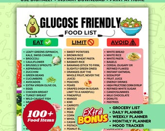 Glucose-Friendly Food List Printable, Blood Sugar Balance Grocery Foods Poster, Diabetes-Friendly Food Chart, Low Glycemic Index Foods PDF
