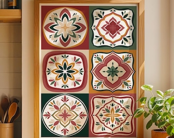 Mediterrane Fliesenkunst Print | Boho Küche Wand Dekor | Geometrisches Muster Drucken | Marokkanischer Stil | Terrakotta Blumen | Einweihungsgeschenk