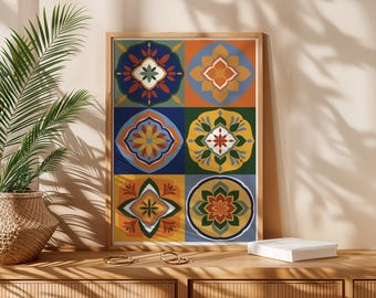 Mediterrane Fliesenwandkunst | Boho Wohndekor | Marokkanischer Stil | Buntes Mandala | Terrakotta und Marine | Einzigartiges Housewarming-Geschenk