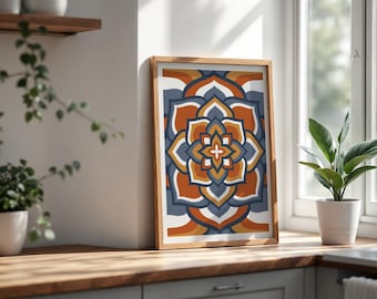 Terrakotta blau Mandala Kunstdruck | Boho geometrische Wanddekor | Marokkanisches Wohndekor | Senf Marine Wohnzimmer Kunst | Einweihungsgeschenk