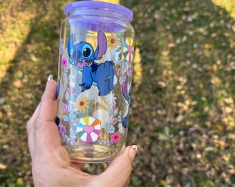 Stitch 16oz Glass Can Cup, Cute Cup, Disney Stitch Can Glass, Novelty Drinkware, Gift For Stitch Fans, BPA-Free