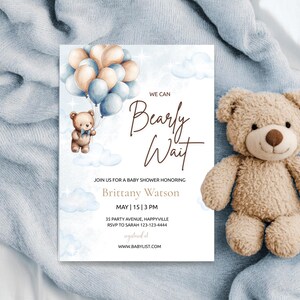 Teddy bear baby shower invitation bear themed baby shower bearly wait baby shower bear editable invitation template boy bear themed shower