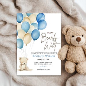 Teddy bear baby shower invitation bear themed baby shower bearly wait baby shower bear editable invitation template boy bear themed shower