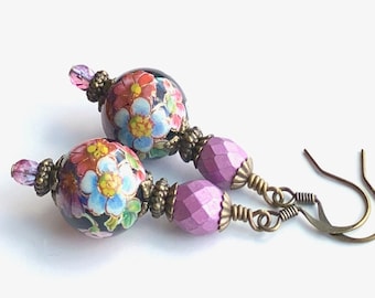 Handmade Purple Bead Dangle Earrings | Dangly Purple Earrings | Beaded Flower Drop Earrings |